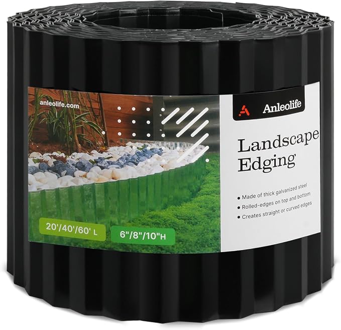 A ANLEOLIFE 20FT Galvanized Steel Landscape Edging Roll, 8" Tall Sturdy Flexible Corrugated Metal Lawn Border for Garden, Pathway & Flower Beds, Black