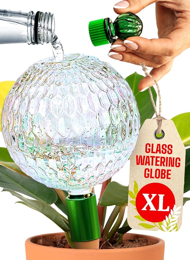 16 Oz. Plant Watering Globes for Indoor Plants with Terracotta Self Watering Planter Insert - Hand-Blown XL Glass Globes - Automatic Indoor Planter Waterer, Gift Idea for Gardeners [1, Textured]