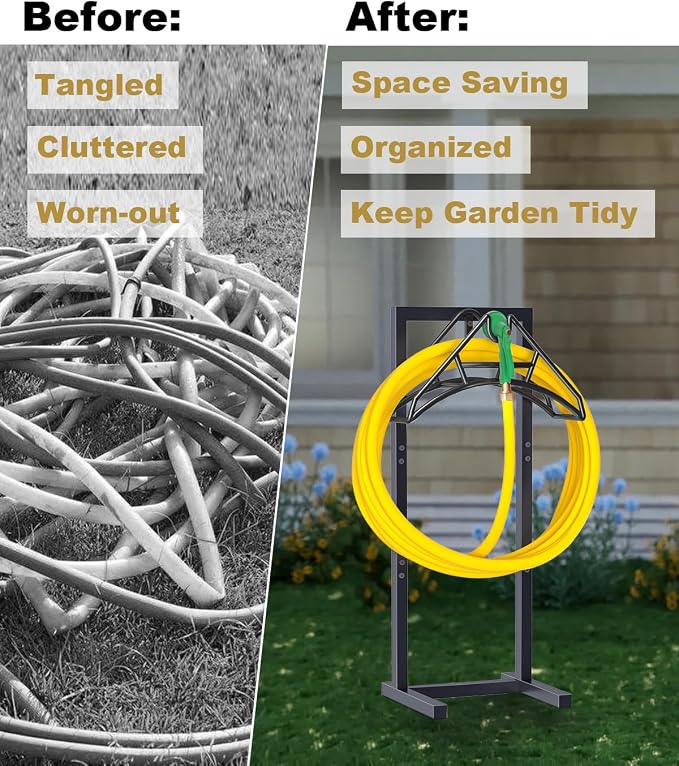 Artigarden Outdoor Garden Hose Holder Freestanding with 4 Spikes, Heavy Duty Metal Water Hose Reel Stand Hanger Rack Organizer Holds Storage 150ft Hose for Outside Yard Lawn, Black