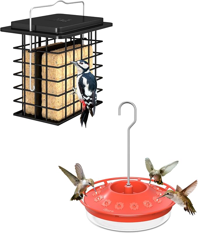 iBorn Double Suet Feeder,Suet Cake Cage Bird Feeder for Outdoors Hanging Easy-Clean & Refill,Black（Pack of 1）+ Hummingbird Feeder with 14 Bee Guard Ports,13 OZ,Red,2 Pack