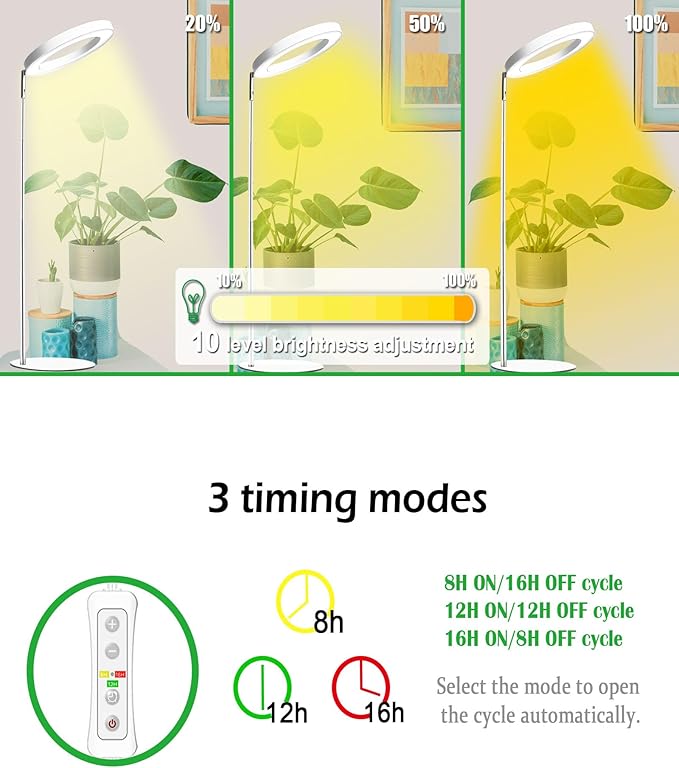 Yadoker 144 LEDs Full Spectrum Plant Grow Light for Indoor Plants，Height Adjustable, 6.3" Aluminum Housing,Automatic Timer with 8/12/16 Hours,10-Level Brightness,White Plant Light,2Pack