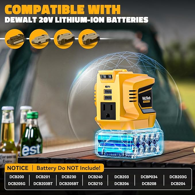 Real 200W Power Inverter Compatible with Dewalt 20V, VoLtTech Battery Inverter 20V to 110V-120V, Phone Charger USB Charger Adapter Power Adapter with 2 USB Ports & 1 Type-C & 1 AC Outlet (No Battery)