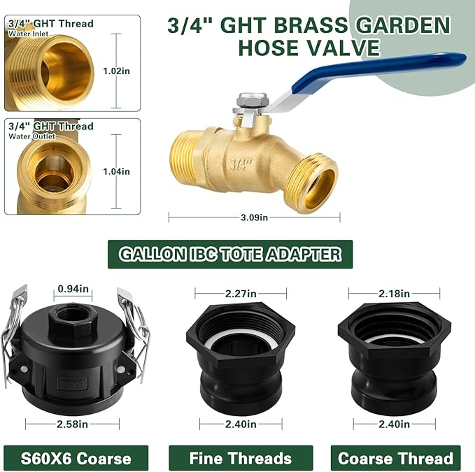 IBC Tote Adapter, 2" Cam Lock for 275-330 Gallon IBC Tote Tank with 2packs Groove Fittings, IBC Tote to Garden Hose Adapter with Brass Hose Faucet (3/4" Male NPT Inlet ×3/4" Male GHT Threaded)