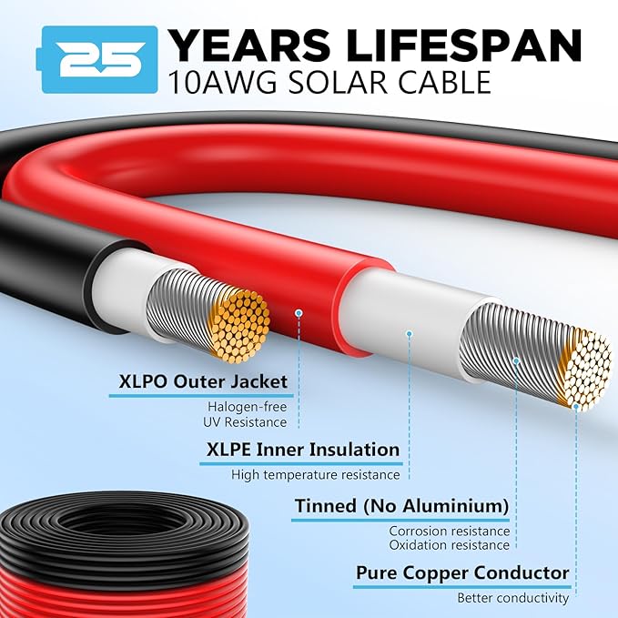 2x200Ft Solar Wire 10AWG, Solar Cables, Solar Extension Cable, 10 Gauge Tinned Copper PV Wire for Roofs RV Boat Automotive Camping Solar Panels Solar Chargers