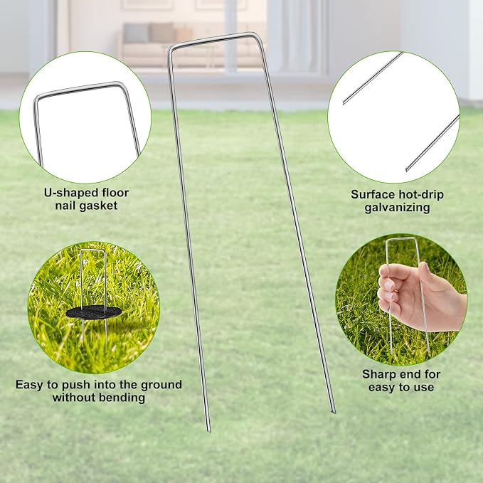 602 Pcs Landscape Staples Set 300Pcs 6 Inch Anti Rust Garden Stakes U Shaped Galvanized Garden Staple Landscaping Fabric Sod Pin with 300 Pcs Gasket 2 Pcs Pick Hook for Gardening Weed Barrier (Silver)
