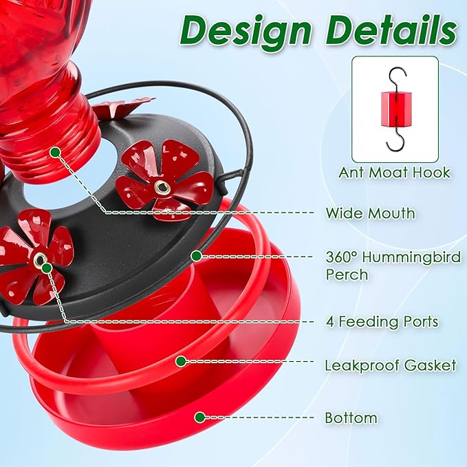 Glass Hummingbird Feeder for Outdoors Hanging, 20oz Bird Nectar Feeder with 4 Bee Guard Flower-Shaped Feeding Ports & Built-in Ant Moat, Easy to Clean, for Bird Lover,1 Pack, Red