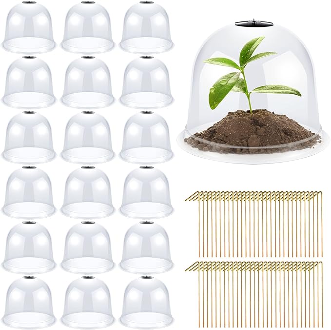 20 Pack Garden Cloche Plant Dome 10.2" D x 8.3" H Plant Cover Plastic Humidity Dome Reusable Protector Mini Greenhouse Plastic Bell Cover with 60 Ground Securing Pegs for Outdoors