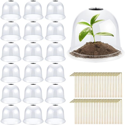 20 Pack Garden Cloche Plant Dome 10.2" D x 8.3" H Plant Cover Plastic Humidity Dome Reusable Protector Mini Greenhouse Plastic Bell Cover with 60 Ground Securing Pegs for Outdoors