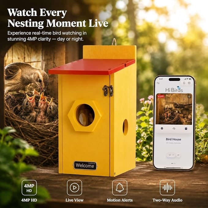 Smart Birdhouse with Camera for Backyard Bird Watching, Wooden Outdoor Nesting Box with App Live View, Motion Detection, Color Night Vision & Two-Way Audio