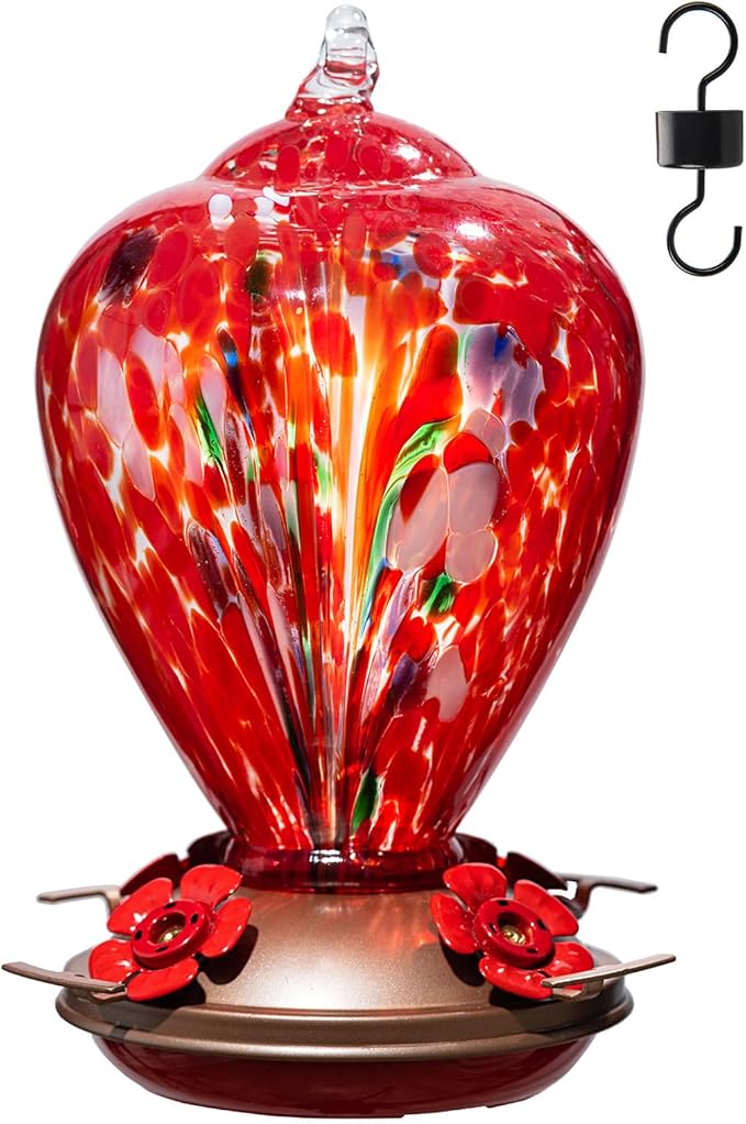 Gifts for Mom 34OZ Hand Blown Glass Hummingbird Feeders for Outdoors Hanging, with Ant Moat Humming Bird Feeders, Porch Backyard Decor Gifts for Women (Floral Balloon) | LaElvish Garden Gifts for Mom 34OZ Hand Blown Glass Hummingbird Feeders for Outdoo...