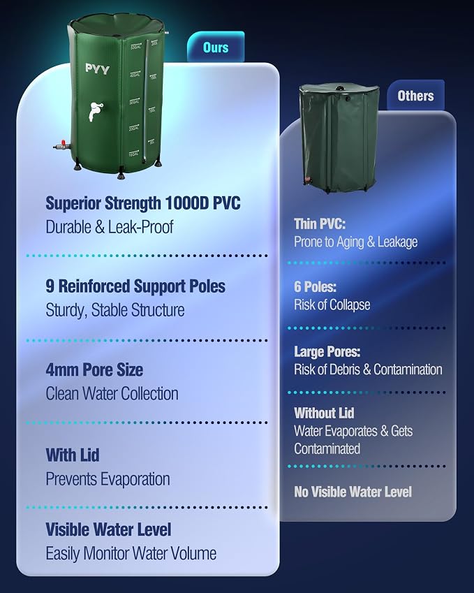 PYY Rain Water Collection Barrel - 53 Gallon Green Large Water Storage Tank with Spigot, Hose and Portable Bucket, Plastic Collapsible Rain Catcher Catchment System to Collect Rainwater from Gutter