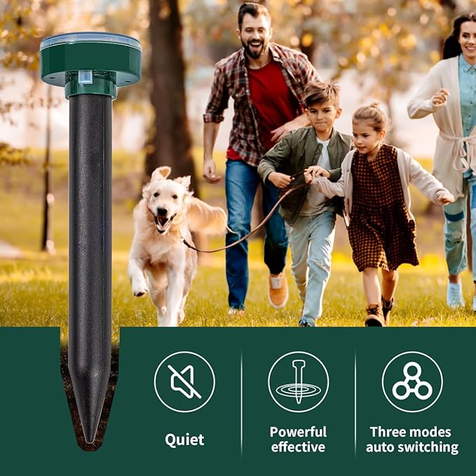 8 new Green Mole Repellent for lawns Gopher Repellent Ultrasonic Solar Powered Snake Repellent Deterrent Mole Repeller Vole Repellent Outdoor Lawns Garden Yard All Pests Sonic Spikes Stakes Chaser8
