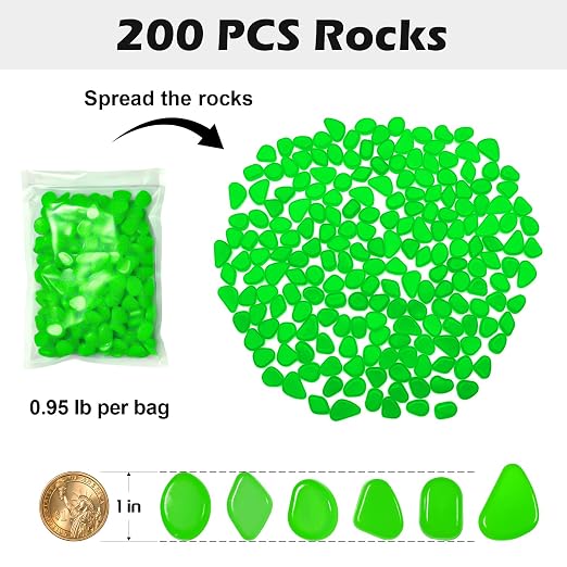 NAMTSO Glow in The Dark Rocks Outdoor, 200 pcs Green Solar Rocks for Landscaping, Outdoor Decor Glow in The Dark Stones, Glowing Pebbles for Garden Backyard Patio Lawn Pond Fish Tank Aquarium Decor