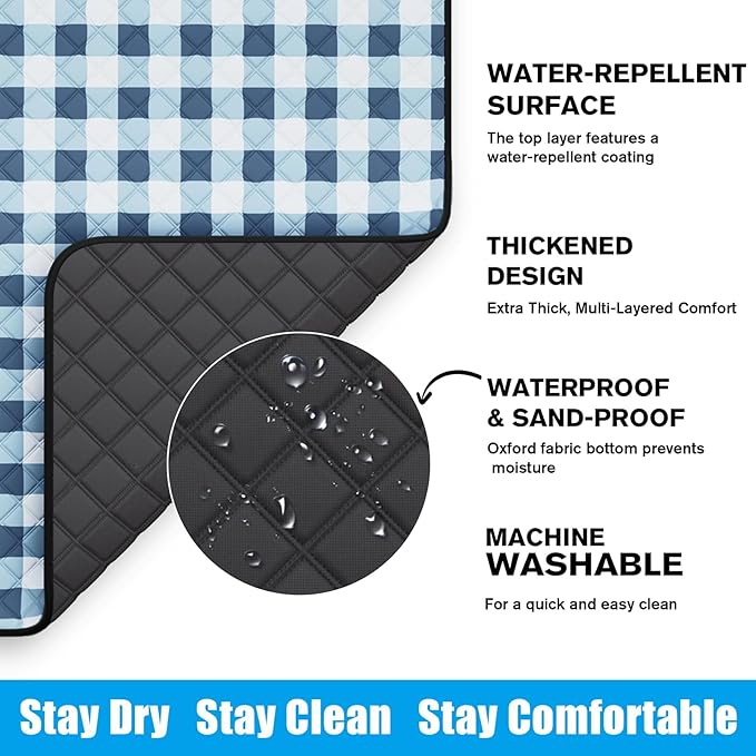 TigeJoy Extra Large Picnic Blanket Waterproof Foldable 80''x118'', Outdoor Picnic Mat Beach Blanket Sandproof for Park, Grass, Travel, Hiking, Camping Essentials, Gingham Picnic Blanket