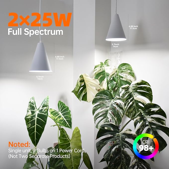 Bstrip Hanging Grow Lights for Indoor Plants, Two Head One Cord, 50W Full Spectrum Hanging Plant Light with Timer, 5000K Daylight White Pendant Grow Light for Garden, Flowers, Succulents Growing