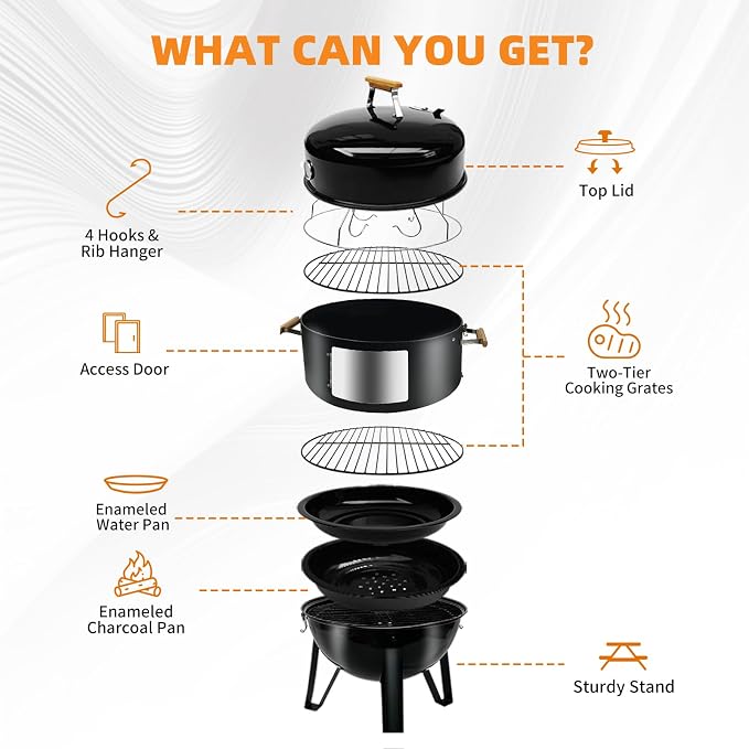 Realcook BBQ Charcoal Smoker Grill: Heavy Duty 17 Inch Vertical Meat Smokers - Porcelain-Enameled Charcoal Grill Smoker Combo for Outdoor Cooking Backyard Picnic Party Grilling