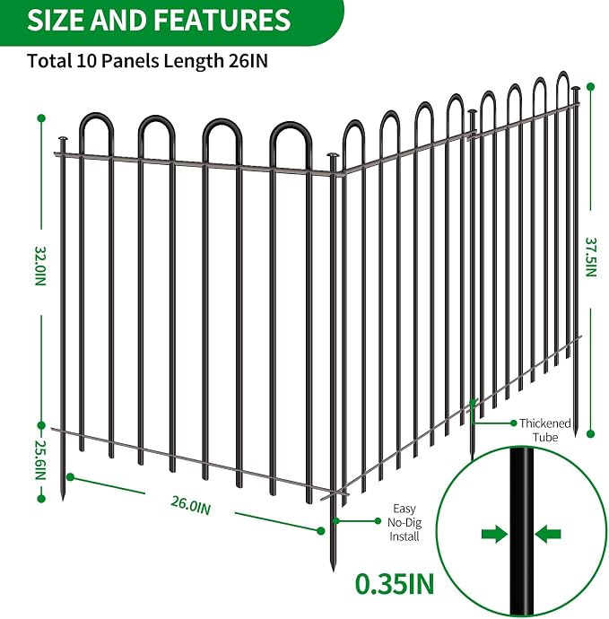 Metal Decorative Garden Fence, 32" High x 26" Wide (9 Panels + 1 Gate) Total Length 21.6 ft, No Dig Dog Fence Outdoor for Yard, Rustproof Animal Barrier Fencing, Garden Edging Border for Yard