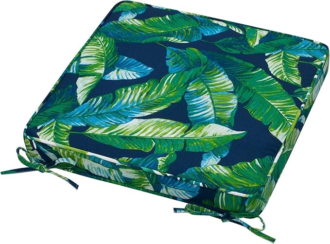 Magpie Fabrics Square Corner Seat Cushion, 18" x 18" x 2.5", 2 Pack, Indoor/Outdoor Waterproof Weather Resistant Universal Chair Pads for Patio Garden Dining - Green Lagoon Leaves