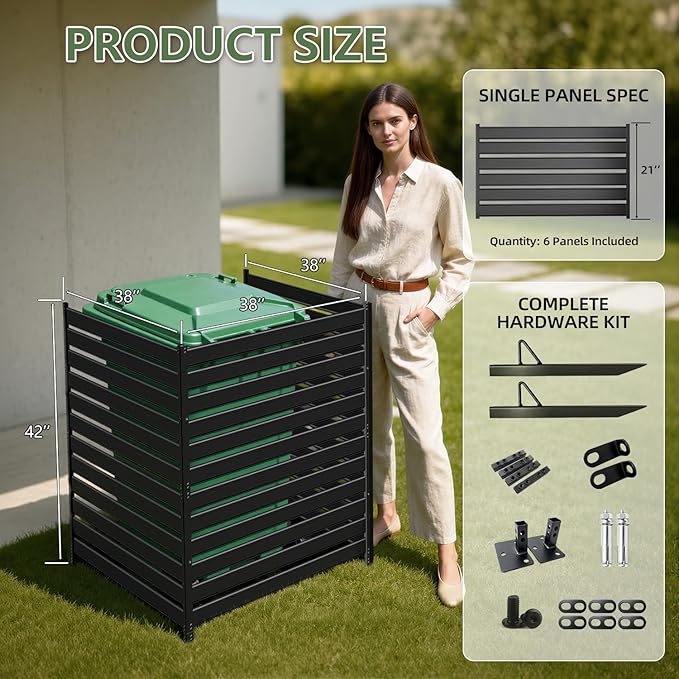 42" H×38" W（3 Panels） No Dig Metal Privacy Fence Panels for Air Conditioner Units, Can Also Hide The Pool Equipment, Black Outdoor Rustproof Trash Cans Privacy Screen