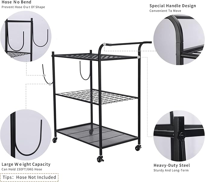 Uboway Garden Tool Organizer: Yard Tool Organizer for Garage with Water Hose Holder and Wheels, Up to 60 Long Handled Tools, Garden Tool Holder For Garage, Shed, Outdoor, Easy to Install, Black