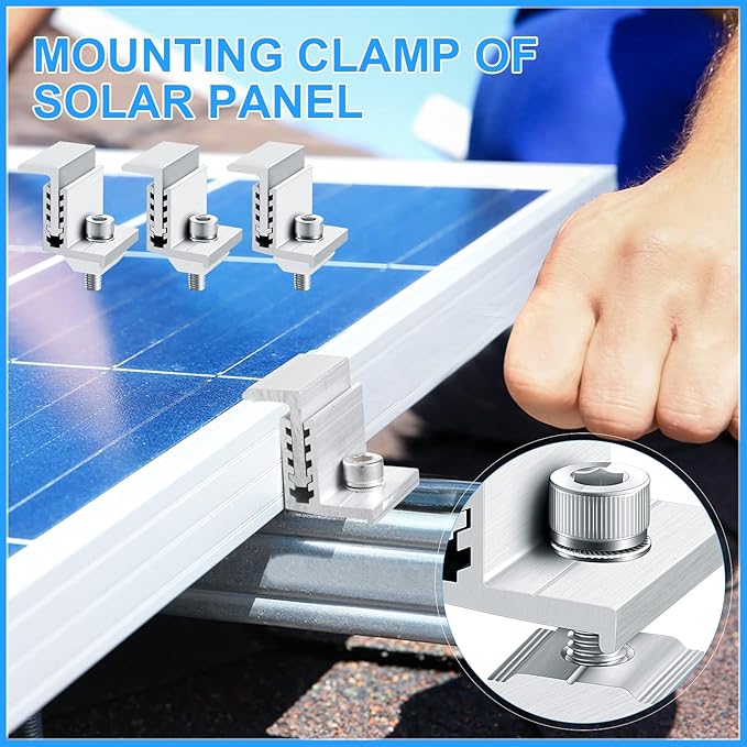 Zhengmy 10 Solar Panel End Clamp Mounting Z Bracket Mid Clamps Aluminum Rail End Clamps Clips Adjustable Panels Grounding Gutter Kit for Pv Mounting System Install Hardware Fasteners Accessory