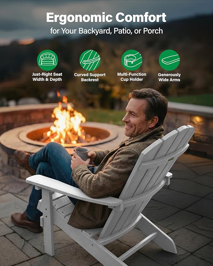 YEFU Adirondack Chairs Set of 6: Outdoor Chair HIPS Plastic Adirondack Chairs - Patio Chairs with Wood Texture - Lawn Fire Pit Deck Porch Garden Chairs for Adults(White)