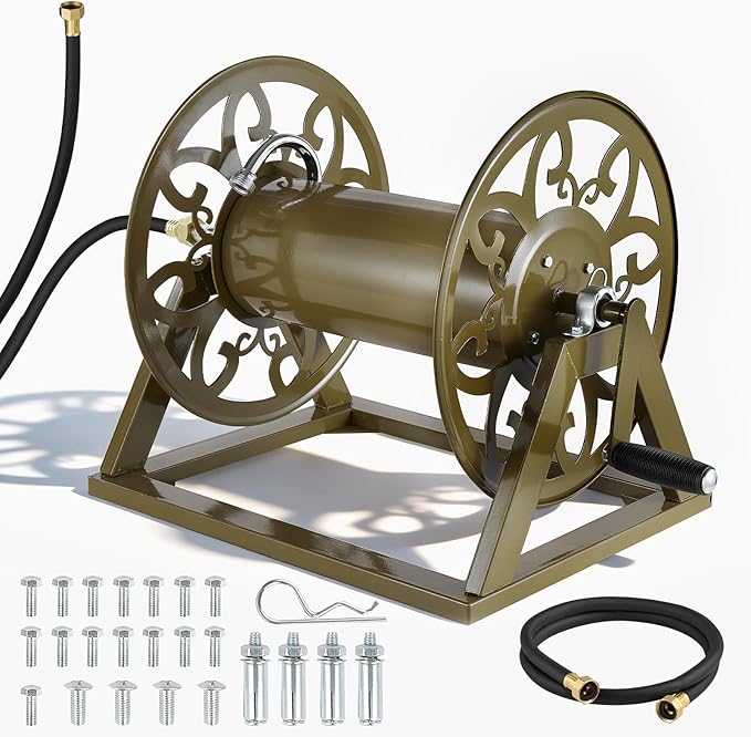 VEVOR Wall Mounted Garden Hose Reel, Holds 200 Feet of 5/8-inch Hose, Outdoor Heavy-Duty Waterhose Holder Winder, with Brass Connector, Decorative Pattern, Bronze Finish, for Backyards and Gardens