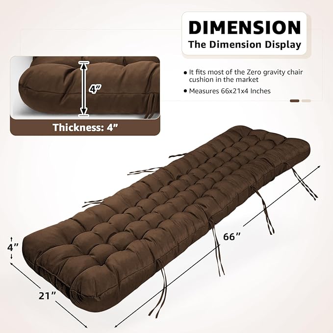 Patio Lounge Chair Cushion, Waterproof Zero Gravity Chair Cushions with Ties, 66x21x4 Inches Chaise Lounge Chair Cushion for Outdoor Indoor Furniture, Brown (Only Cushion)