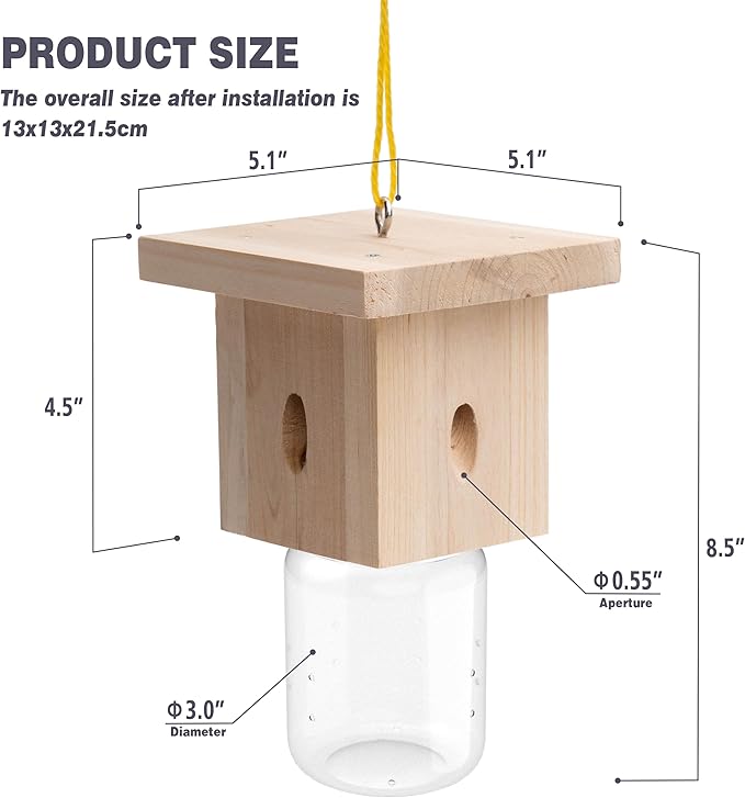 4 PCS Wood Carpenter Bee Trap for Outside - Best Bee Trap - Nature Hanging Carpenter Bee Traps Plastic Jar Outdoor - Insect Traps