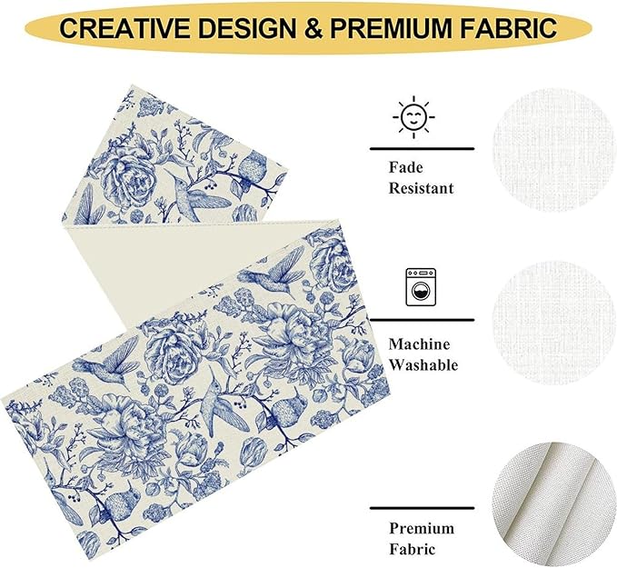Blue Floral Table Runner, Rustic Seasonal Watercolor Spring Flower Birds Wildfloral Boho Retro Coffee Table Center Decor for Family Kitchen and Dining Farmhouse Party Table Decorations, 13"x36"