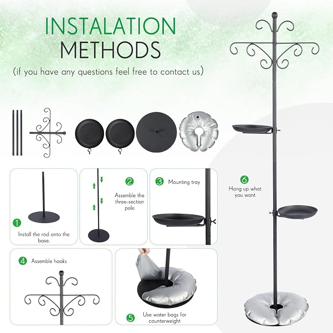 1 Set Upgraded 75.9" Shepherds Hook for Bird Feeder, Hanging Plant Wind Chime Stand, Metal Adjustable Standing Pole Holder for Indoor Outdoor, with 2 Rack & Weight Bag (Vintage 2 Hooks)