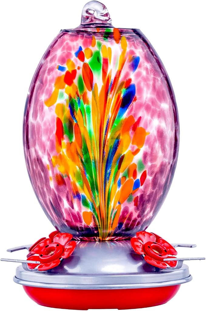 Muse Garden Glass Humming Bird Feeders for Outdoors - 27OZ Blown Glass Hummingbird Feeder - Unique Gift Mom Women, Outdoors Hanging Garden Decor, Includes Ant Moat & Brush, Purple Fireworks | Muse Garden Glass Humming Bird Feeders for Outdoors - 27OZ B...