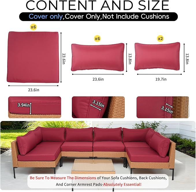 14 Piece Outdoor Patio Cushion Covers Replacement Waterproof with Zipper for 6-Seater Sectional Couch Chair Sofa Seat Cushions Slipcovers Set, Only Cover