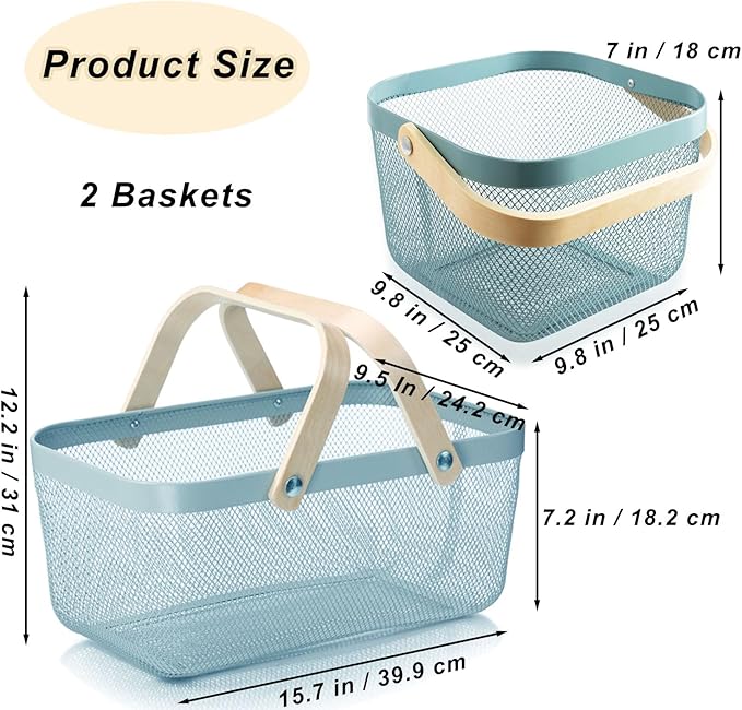 Cheardia 2 Pack Picnic Baskets, Metal Mesh Harvest Basket with Foldable Wooden Handle, Rectangle Garden Storage Basket Bin for Vegetable Fruit Garden Kitchen Cabinet Picking Gathering, Blue