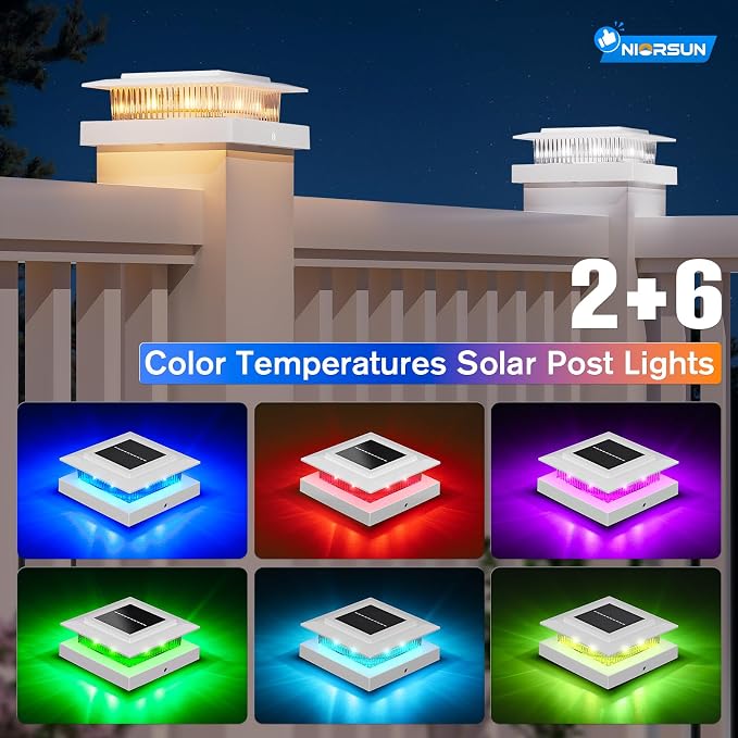 NIORSUN Solar Post Cap Lights Outdoor Waterproof, 4x4 Post Solar Lights RGB Color Changing, Fence Posts Solars Light for Deck Patio Garden Deco, 4x4 Posts Caps Wood Vinyl, 5x5 Vinyl, 6 Pack (White)