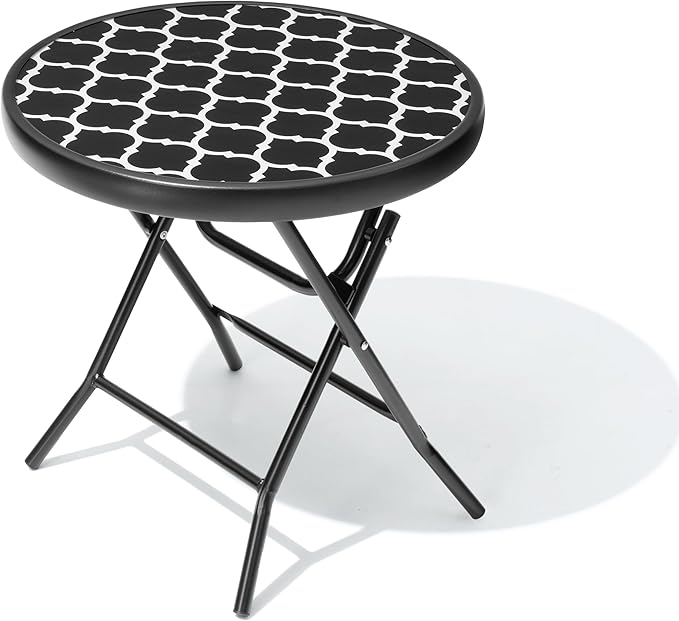 Foldable Patio Side Tables, 17.7" Small End Table Outdoor Weatherproof, Round Glass Top Outside Folding Table for Poolside, Balcony, Yard, Porch（Black and White Stripe）