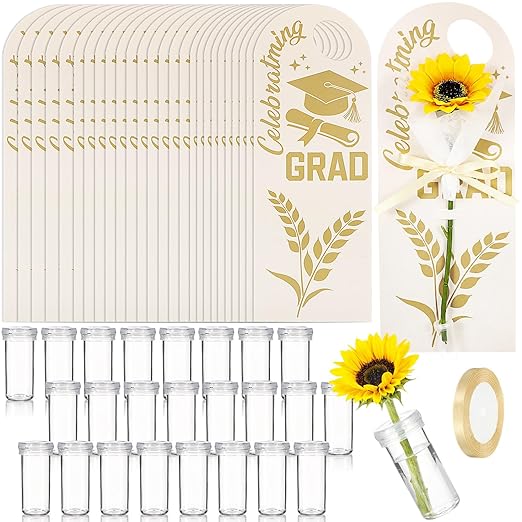 Eaasty 24 Set Graduation Day Themed Single Sunflower Card Sleeve Grad Gift Packaging Flower Holder with Floral Water Tubes Ribbon Floral Tissue Paper for Flower Packing