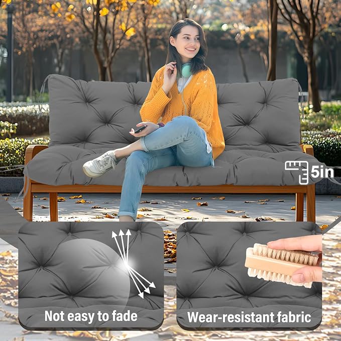 Premium 5"Thick Waterproof Outdoor Swing Cushions Sturdy Durable 2-3 Seat Replacement Porch Swing Cushions with Backrest&Ties Bench Cushion for Outdoor Furniture Backyard Patio(Gray48x40inch)