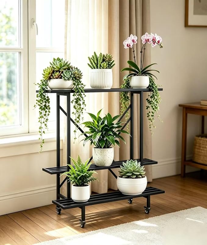 Zhongma 3 Tier Metal Heary Duty Plant Stand with Wheels, 35.43 L x 17.5 W x 38.6H . Space saving Plant Stand