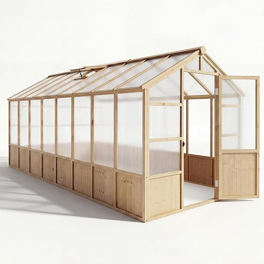 GarveeLife 8'x16' Wooden Greenhouse for Outdoor, Large Walk-in Greenhouse Kit with Ventilated Window, Door & Polycarbonate Panels, Heavy Duty Wood Frame Green House for Patio Garden Backyard