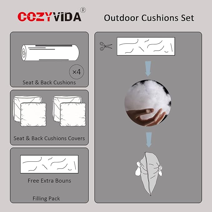 COZYVIDA Outdoor Deep Seat Cushion Set of 2, 24"x24"x5" Seat & 25"x22.5" Back, C0 Water-Resistant, UV-Resistant 1000+ Hrs, 30D Foam with Recycled Fiber Fill,Boho Paisley,Light Grey