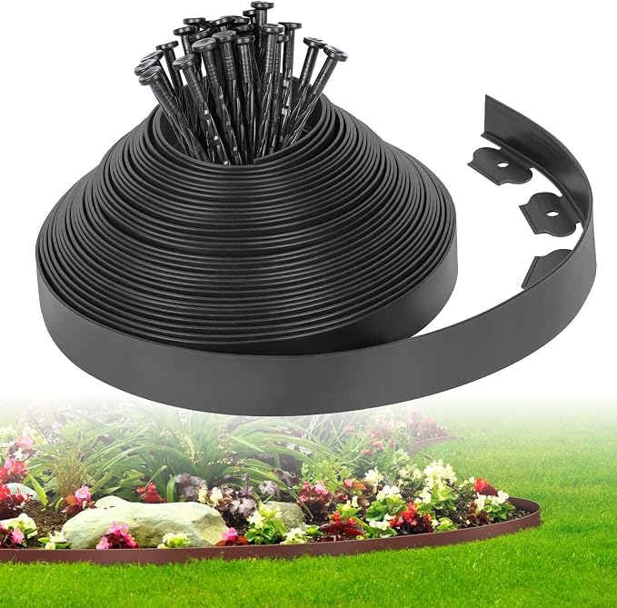 2-Inch x 50 FT Landscape Edging Border with 75 Spikes, Garden Edging Border Lawn Edging Border, Plastic Edging Border Flexible for Garden Flower Beds Lawn Yard Paver Pathway (Black)