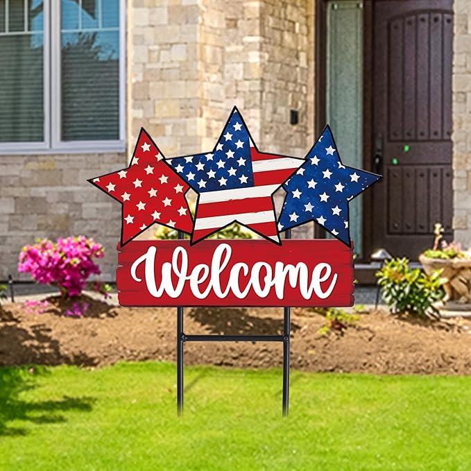 JarThenaAMCS Patriotic Metal Garden Stakes Vintage 4th of July Star Decorative Lawn Sign Welcome Yard Sign for 250th Anniversary Independence Day Home Outside Lawn Porch Decor