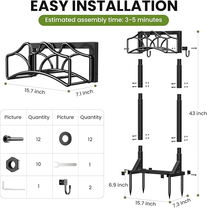 Keten Garden Hose Holder, Detachable Metal Water Hose Holder Stand, Heavy Duty Freestanding Garden Hose Reel Rack and Hose Storage Organizer for Outside Yard