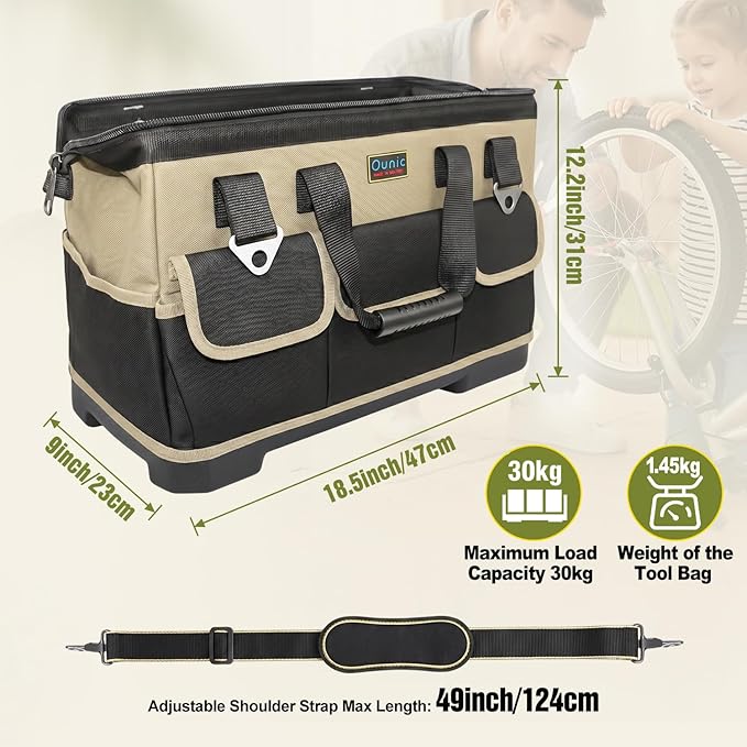 Tool Bag, Ounic 18 Inch Large Tool Tote Bag Heavy Duty With Waterproof Molded Base, Wide Mouth Tool Box Organizer with Adjustable Shoulder Strap for Electrician Mechanic Craftsman Plumbers(Coffee)