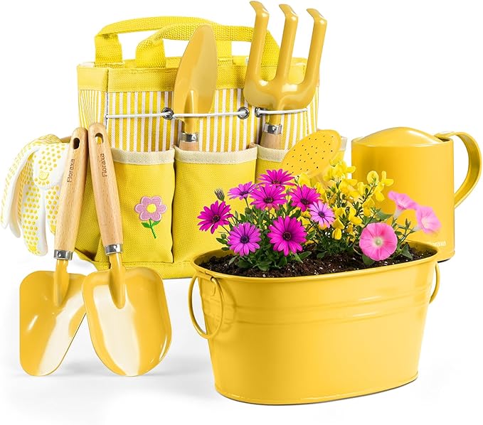 8Pcs Kids Gardening Set with Metal Basket & Real Metal Tools, STEM Outdoor Kit, Ergonomic Wooden Handles, 3 Shovels, Rake, Watering Can, Gloves, Gift for Toddler Boys Girls, Yellow