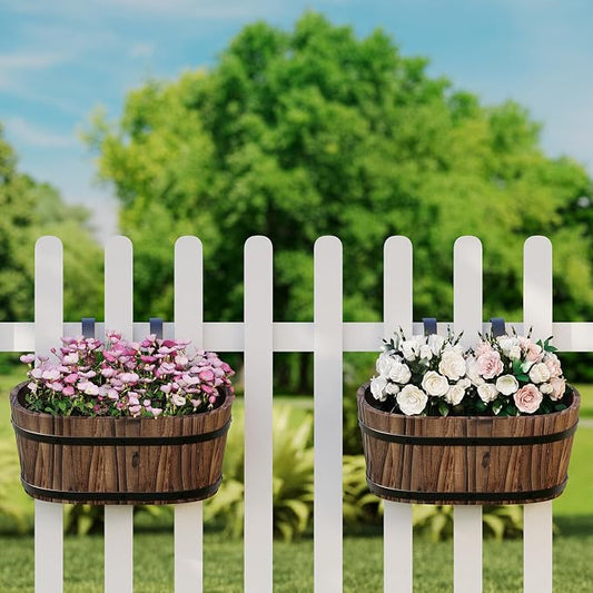 2 Pack Wooden Railing Planters, Hanging Flower Pots with Detachable Hooks for Balcony Deck Porch Garden Country Home Decor(Carbonized)