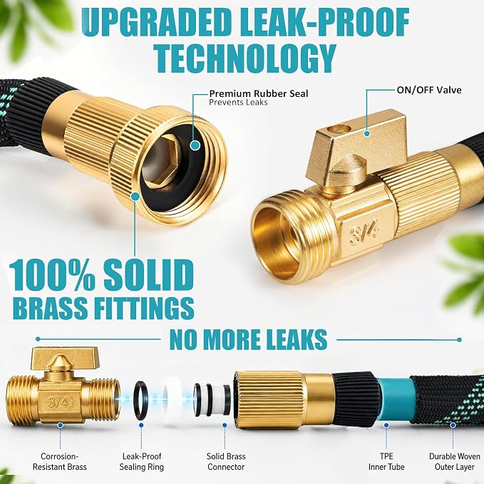 50ft Heavy Duty Garden Hose with Alloy Nozzle & Solid Brass Connectors – Lightweight, No-Kink Flexible Water Hose, 96-Spindle High-Density Weave, 12 Bar Non-Expandable TPE Core for Patio & Lawn