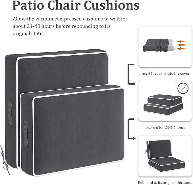 5" Thicker Outdoor Chair Cushions 2 Sets 24" *24" Waterproof Patio Chair Cushions for Outdoor Furniture w/Removable Cover 30D High Density Sponge Filling Thicken Patio Furniture Cushion w/Handle &Ties
