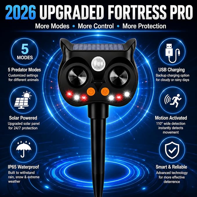 New Solar Animal Repellent Ultrasonic Outdoor for Deer Cat Skunk Squirrel Racoon Fortress Pro Animal Repeller Deterrent Devices with LED Strobe,Motion Sensor,Adjustable Volume and Modes for Yard,2 Pcs